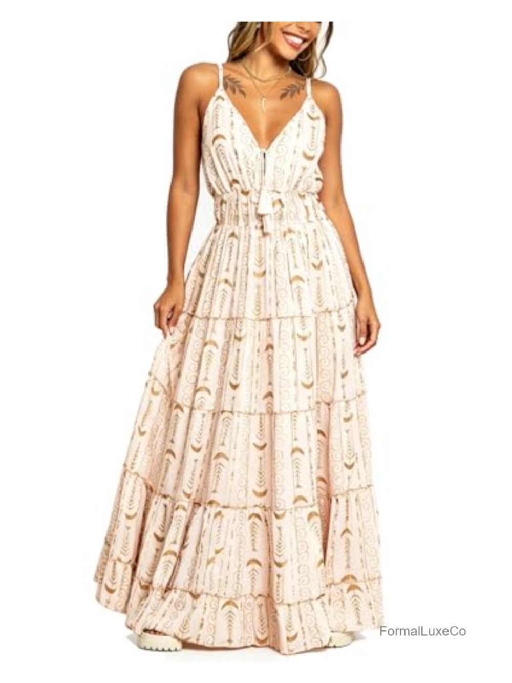 Boho Flowy Maxi Dress V-Neck Spaghetti Strap Wedding Guest Vacation